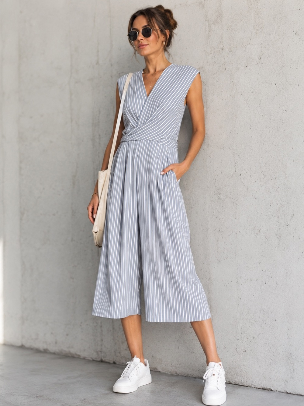 Elodie Navy and White Striped Sleeveless Twisted-Waist Cropped Jumpsuit